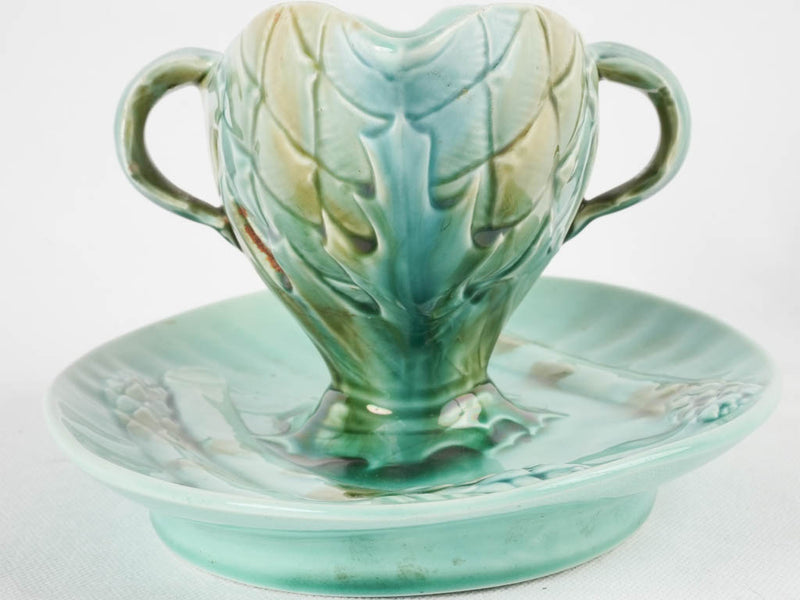 Turqoise asparagus & artichoke Luneville Majolica sauce boat - late 19th century 10¾"