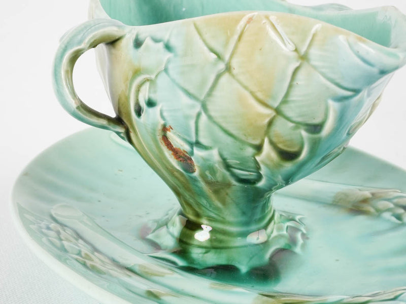 Turqoise asparagus & artichoke Luneville Majolica sauce boat - late 19th century 10¾"