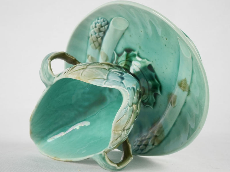 Turqoise asparagus & artichoke Luneville Majolica sauce boat - late 19th century 10¾"