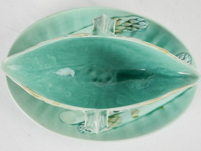 Turqoise asparagus & artichoke Luneville Majolica sauce boat - late 19th century 10¾"