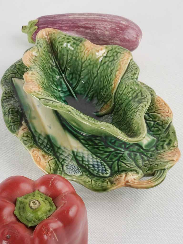 Cabbage leaf & asparagus majolica sauce boat 11¾"