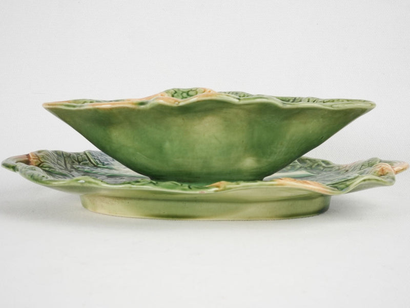 Cabbage leaf & asparagus majolica sauce boat 11¾"