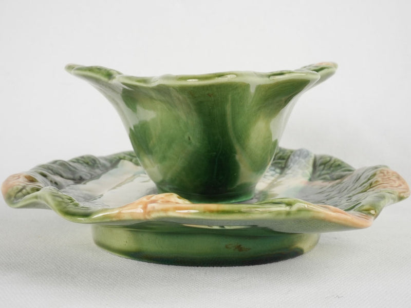 Cabbage leaf & asparagus majolica sauce boat 11¾"