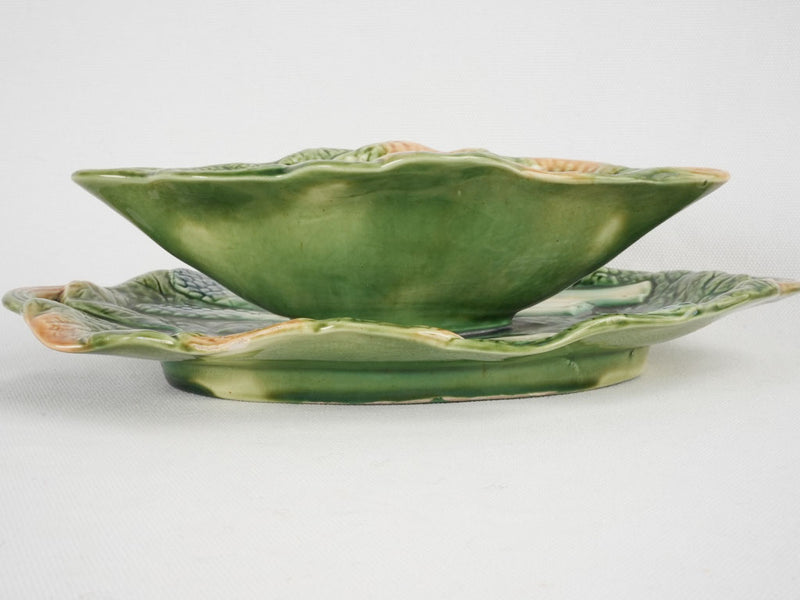 Cabbage leaf & asparagus majolica sauce boat 11¾"