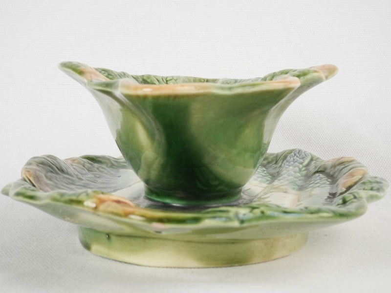 Cabbage leaf & asparagus majolica sauce boat 11¾"