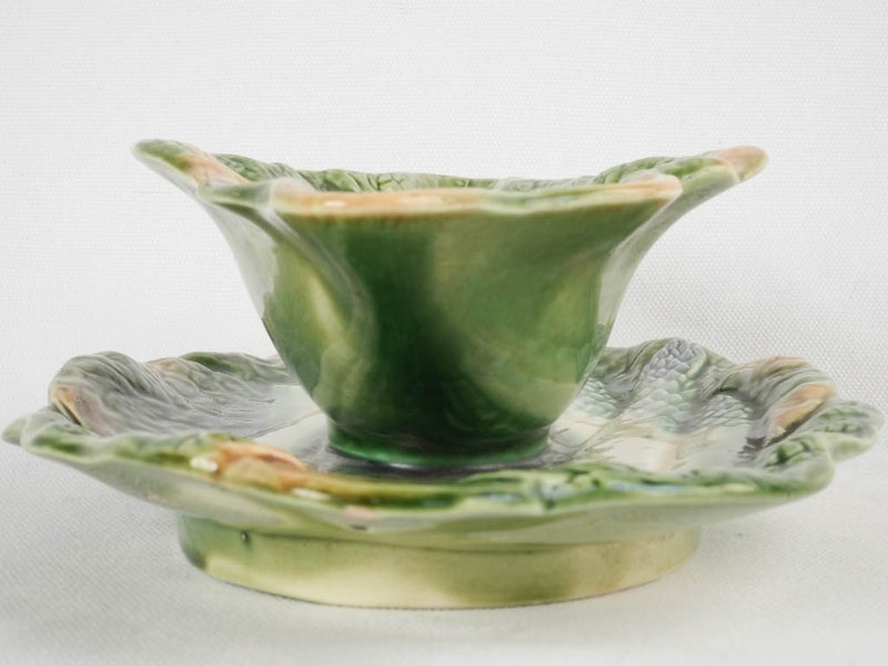 Green majolica vegetable sauce boat