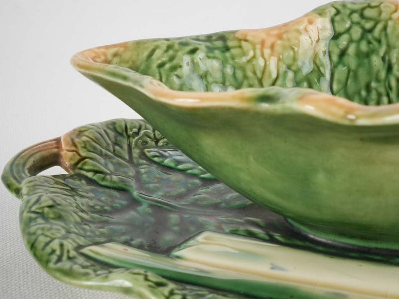 Cabbage leaf & asparagus majolica sauce boat 11¾"