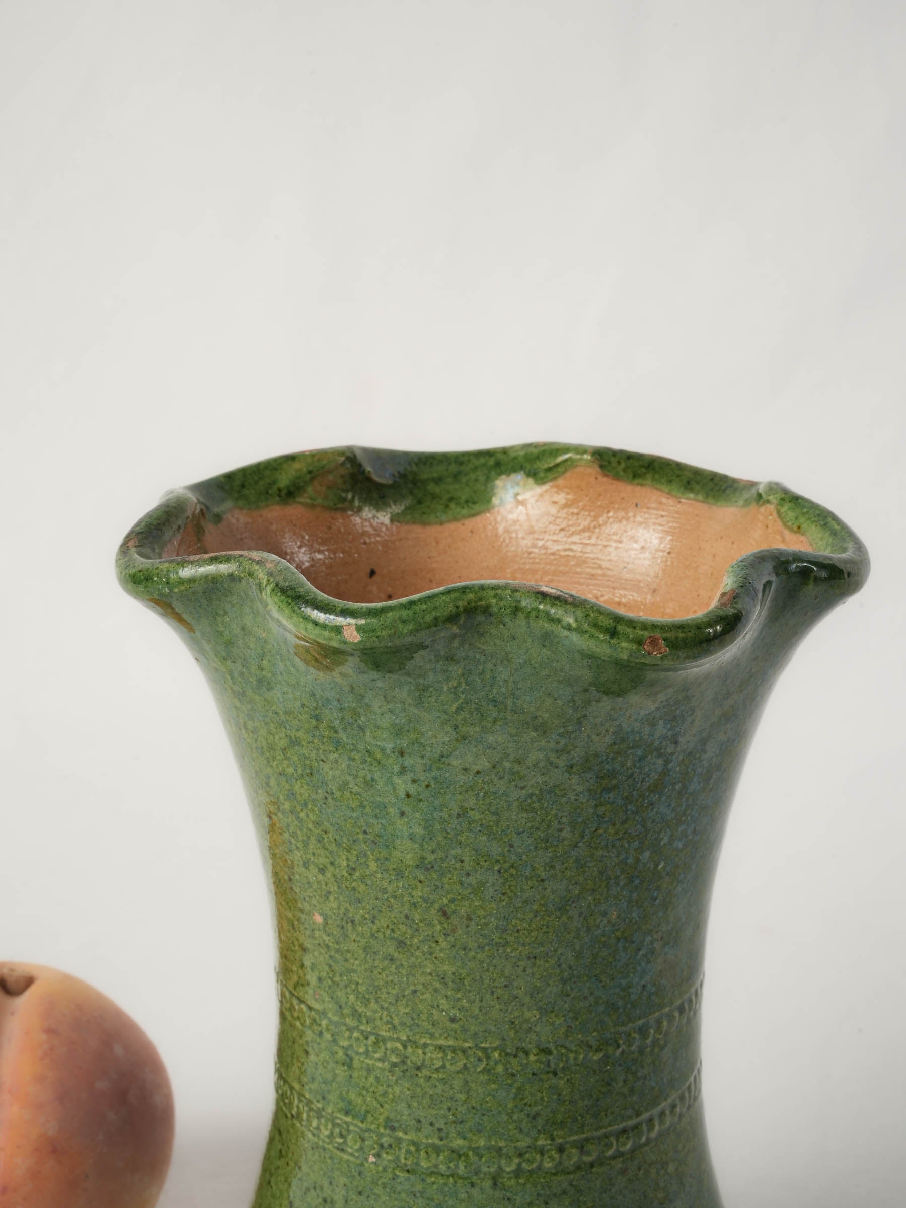 Small Vintage Castelnaudary Green-Glazed Ceramic Vase w/ Wavy Rim - 7½"