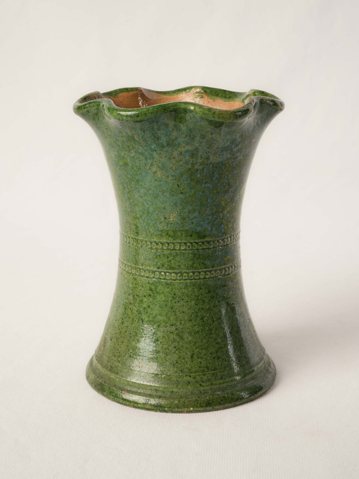 Small Vintage Castelnaudary Green-Glazed Ceramic Vase w/ Wavy Rim - 7½"