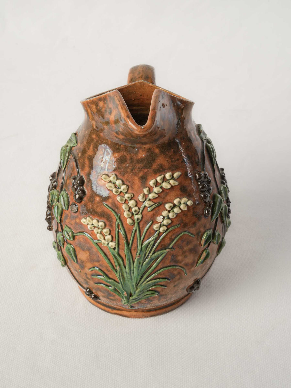 Antique French Barbotine Pitcher w/ Delicate Lily-of-the-Valley Relief Decoration - 7"