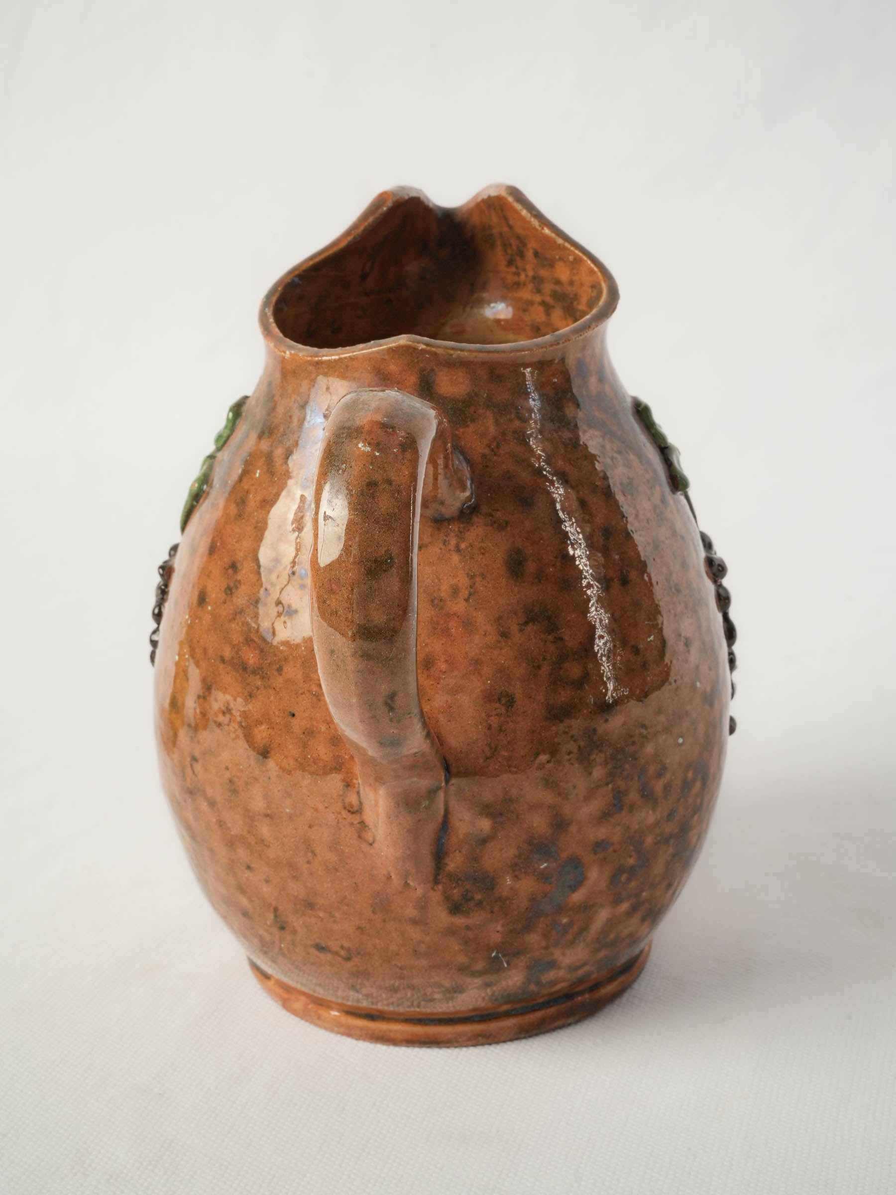 Antique French Barbotine Pitcher w/ Delicate Lily-of-the-Valley Relief Decoration - 7"