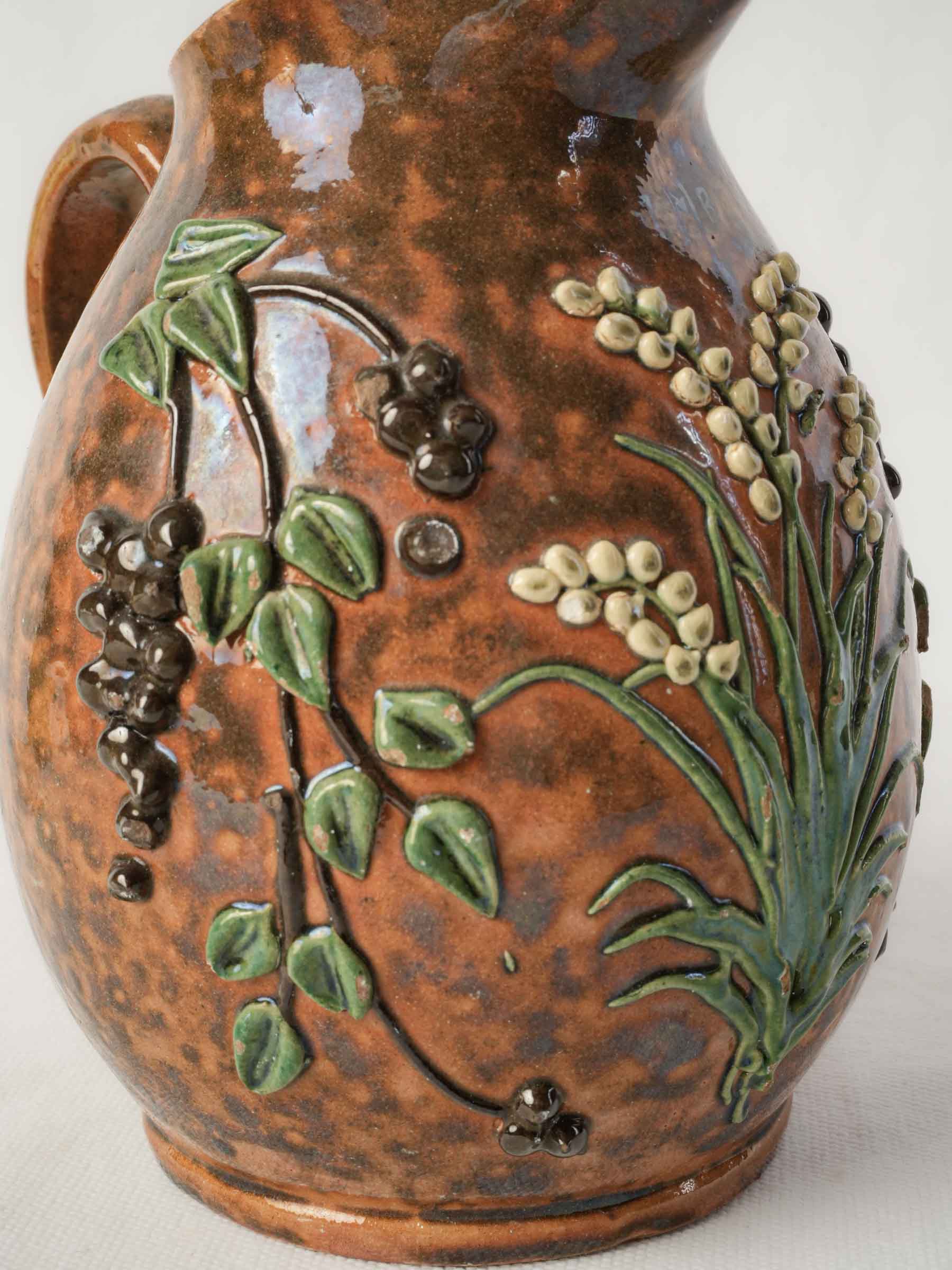 Antique French Barbotine Pitcher w/ Delicate Lily-of-the-Valley Relief Decoration - 7"