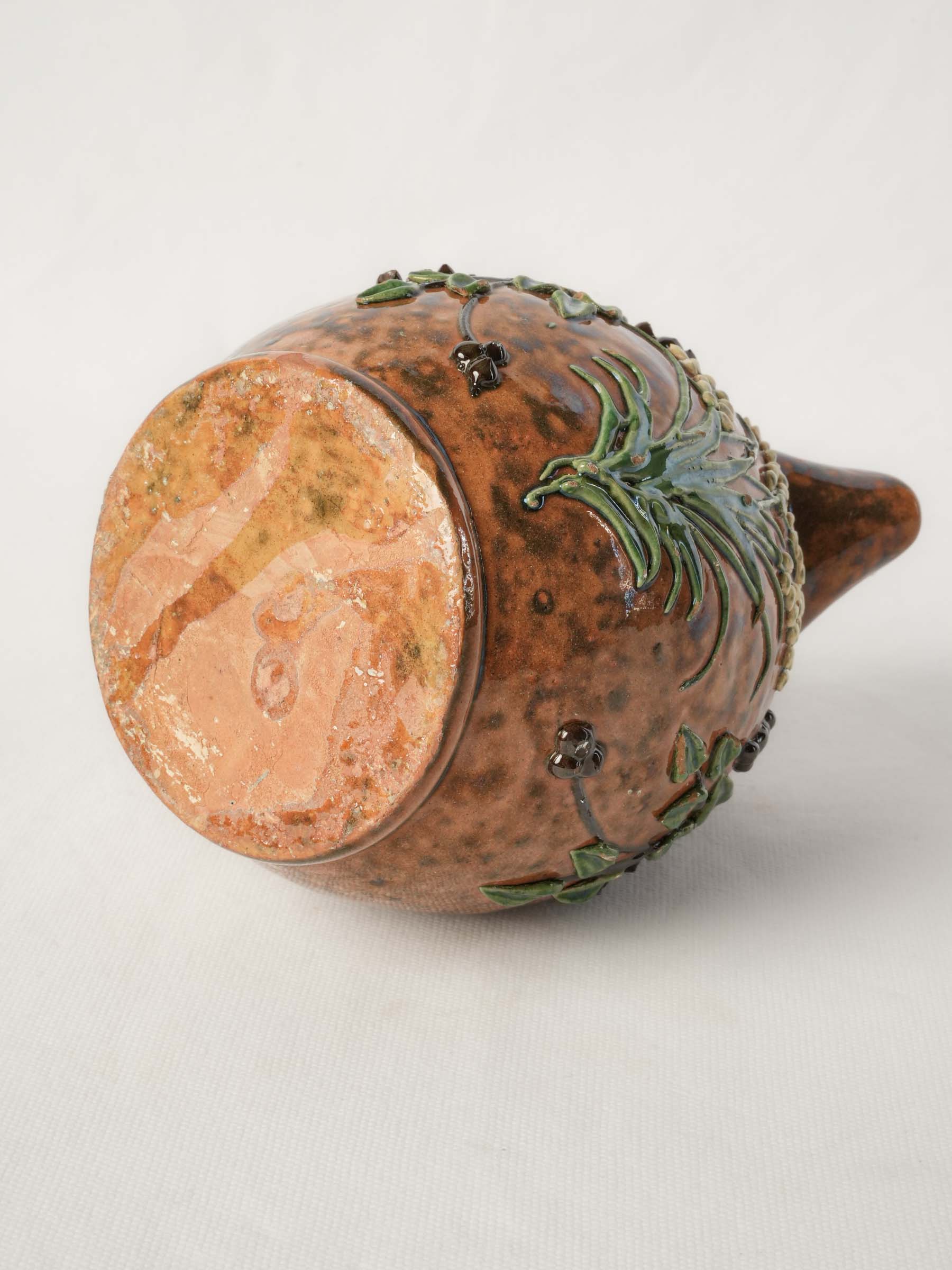 Antique French Barbotine Pitcher w/ Delicate Lily-of-the-Valley Relief Decoration - 7"