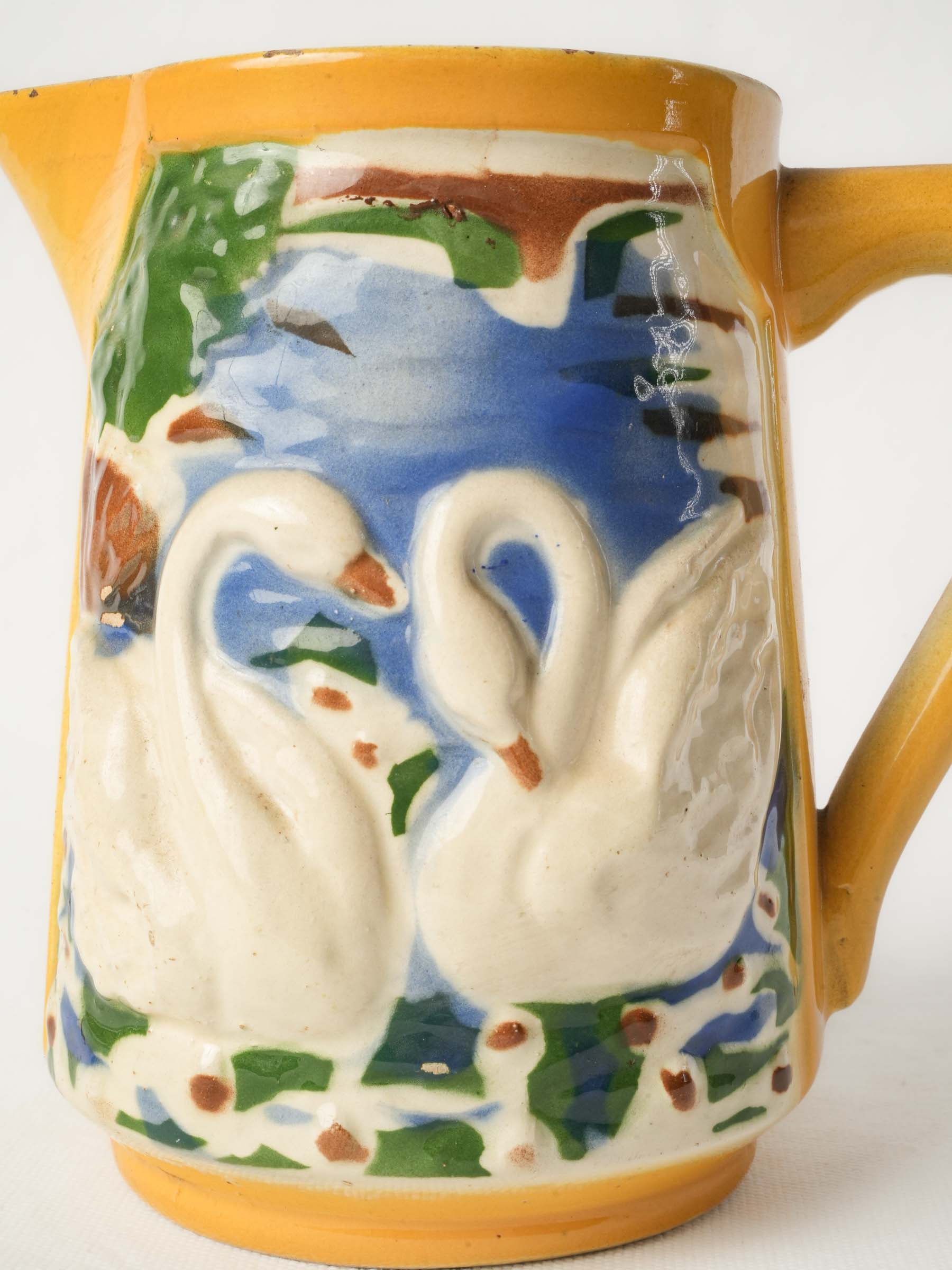 Mid-20th Century French Majolica Pitcher w/ Swan Decoration - 7"