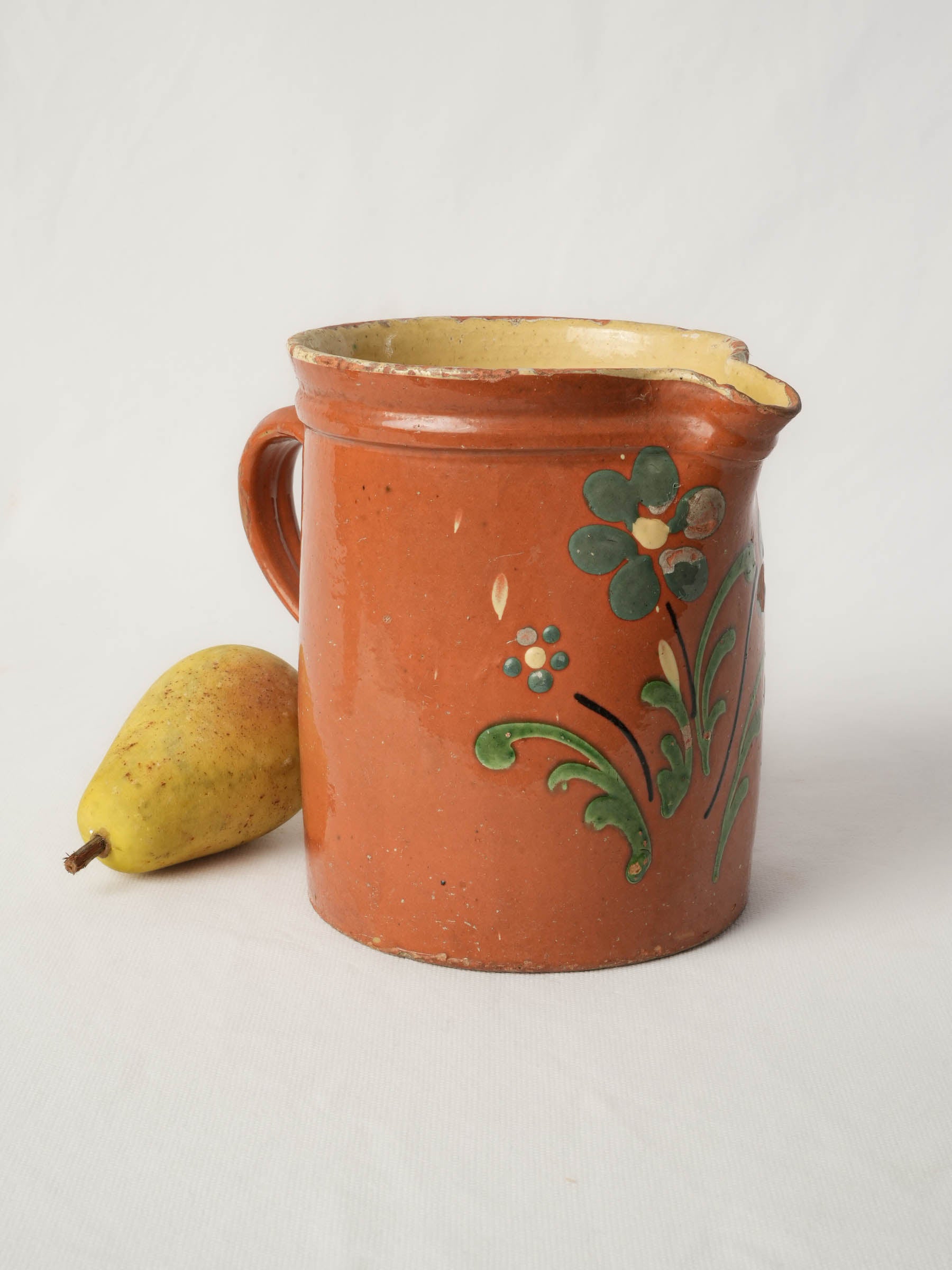 Large Antique Savoyard Ceramic Pitcher w/ Floral Decoration on a Warm Orange Ground - 7"