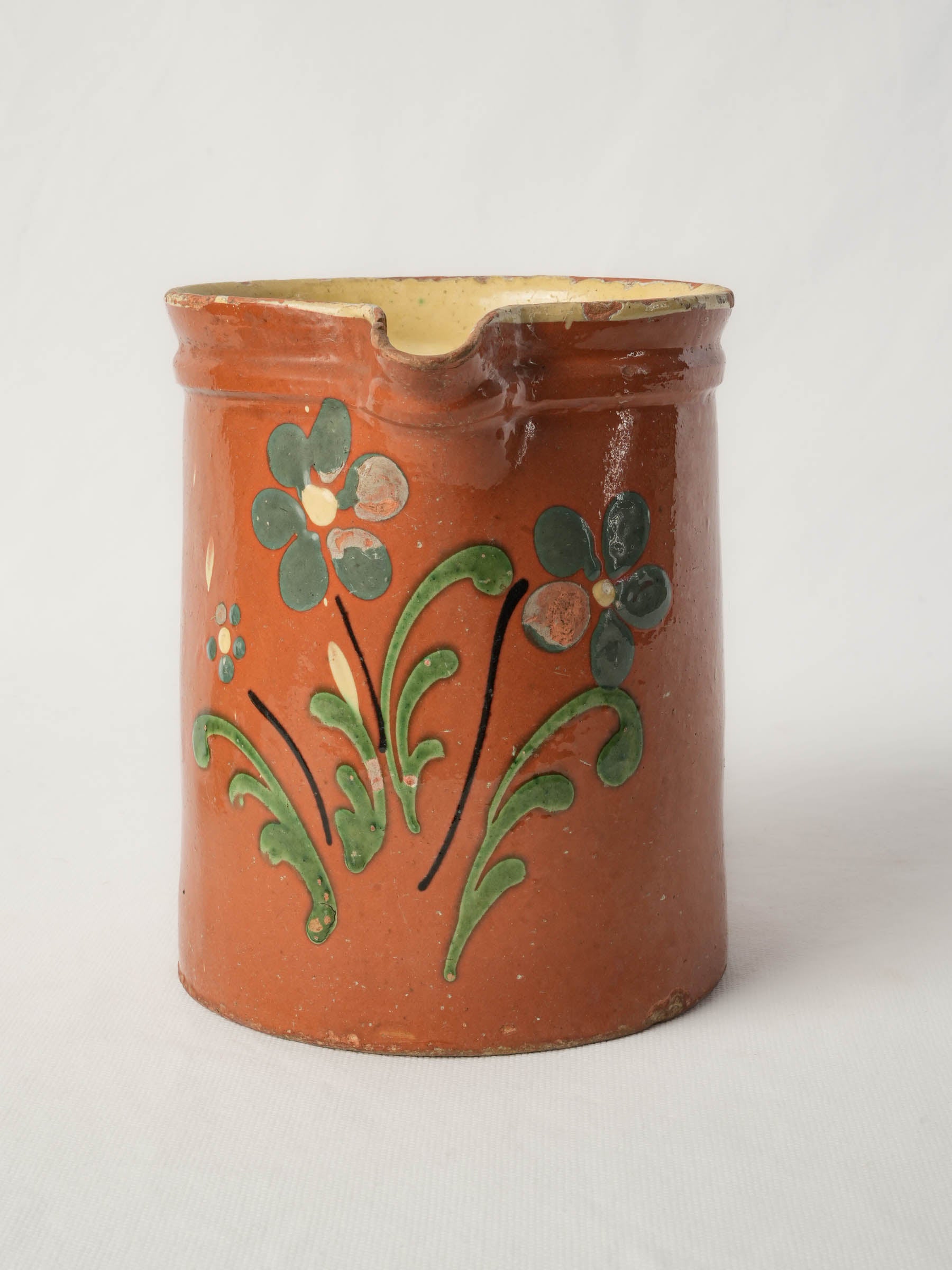 Large Antique Savoyard Ceramic Pitcher w/ Floral Decoration on a Warm Orange Ground - 7"