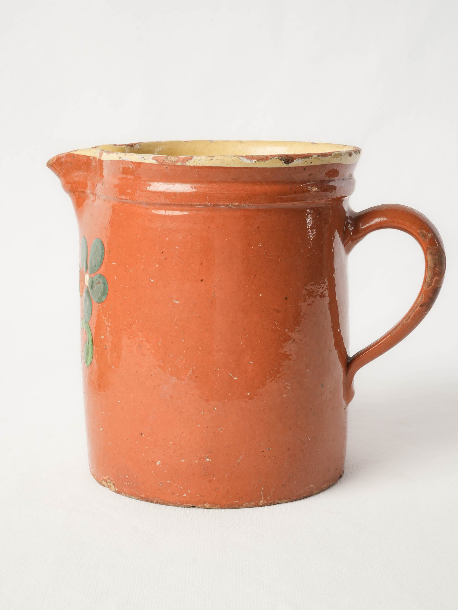 Large Antique Savoyard Ceramic Pitcher w/ Floral Decoration on a Warm Orange Ground - 7"