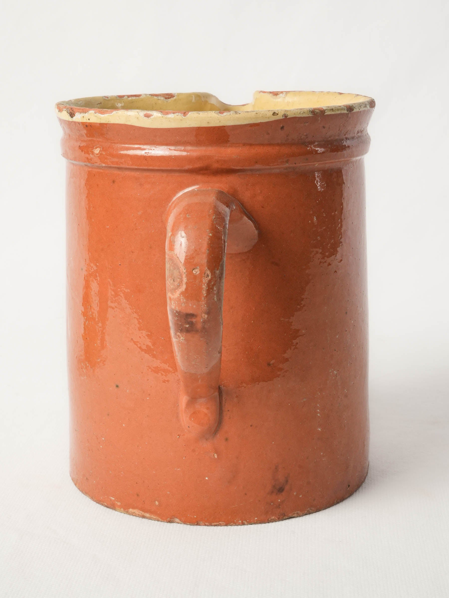 Large Antique Savoyard Ceramic Pitcher w/ Floral Decoration on a Warm Orange Ground - 7"