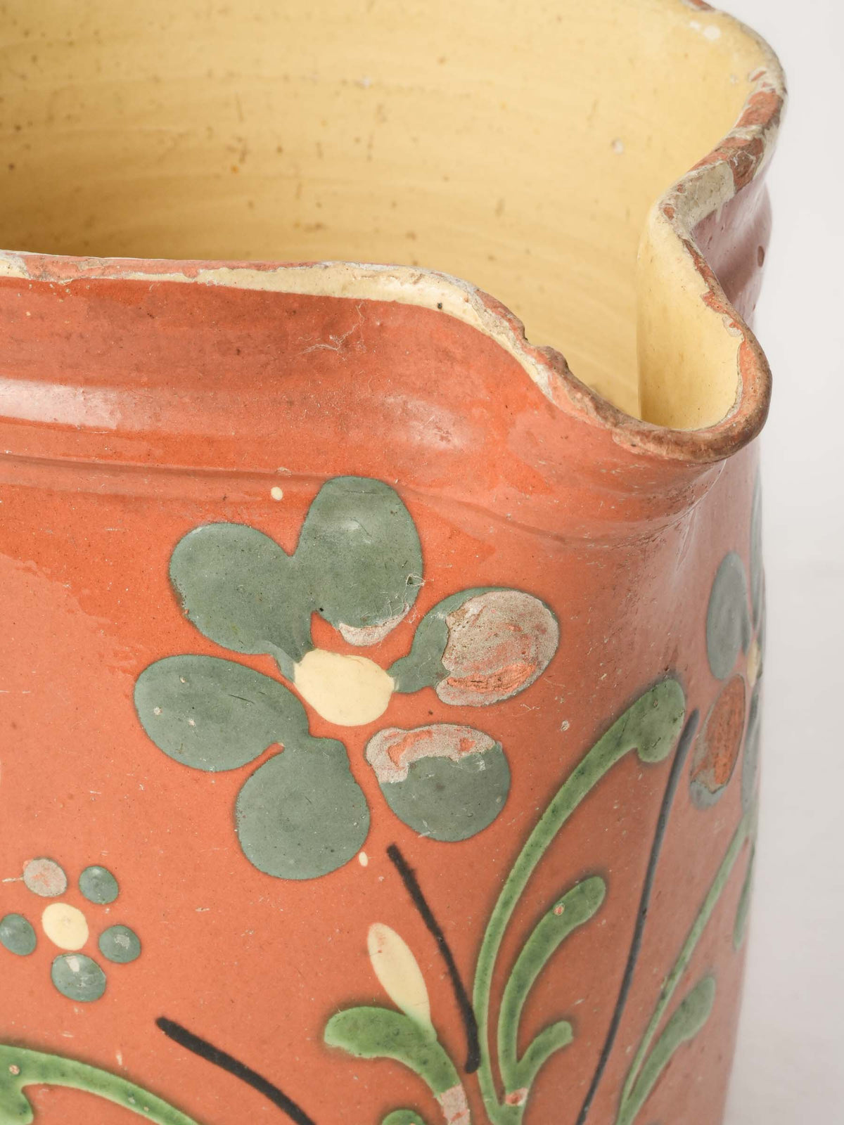 Large Antique Savoyard Ceramic Pitcher w/ Floral Decoration on a Warm Orange Ground - 7"