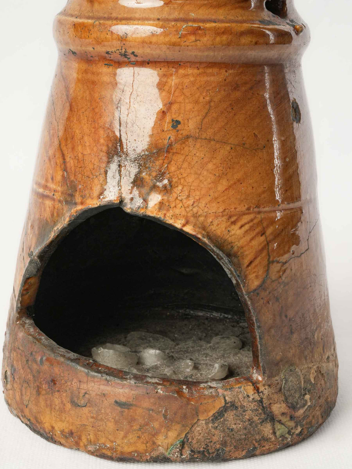 Antique French Terracotta Candle Lantern w/ Amber Glaze and Fire-Darkened Patina - 10¼"