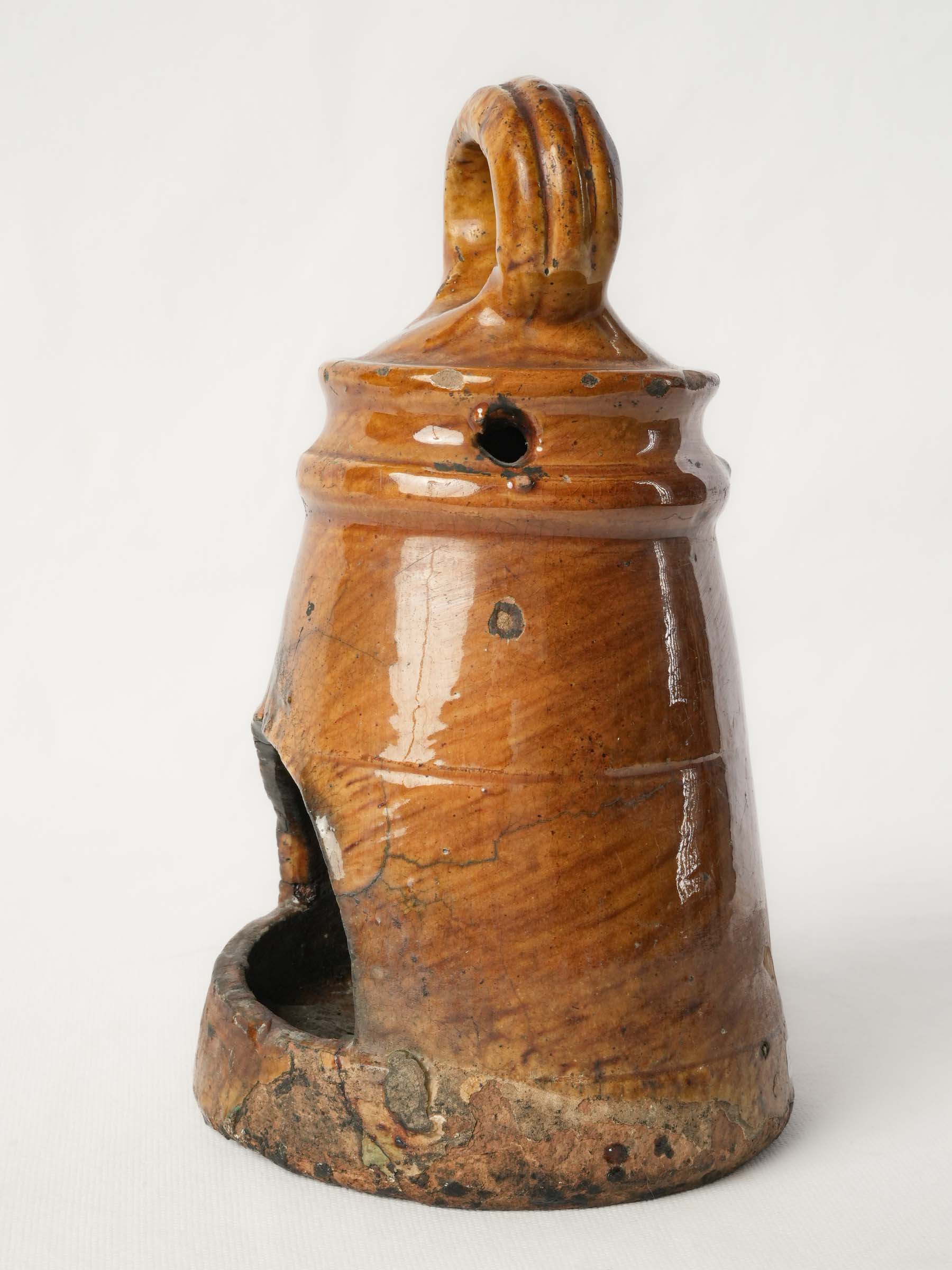 Antique French Terracotta Candle Lantern w/ Amber Glaze and Fire-Darkened Patina - 10¼"