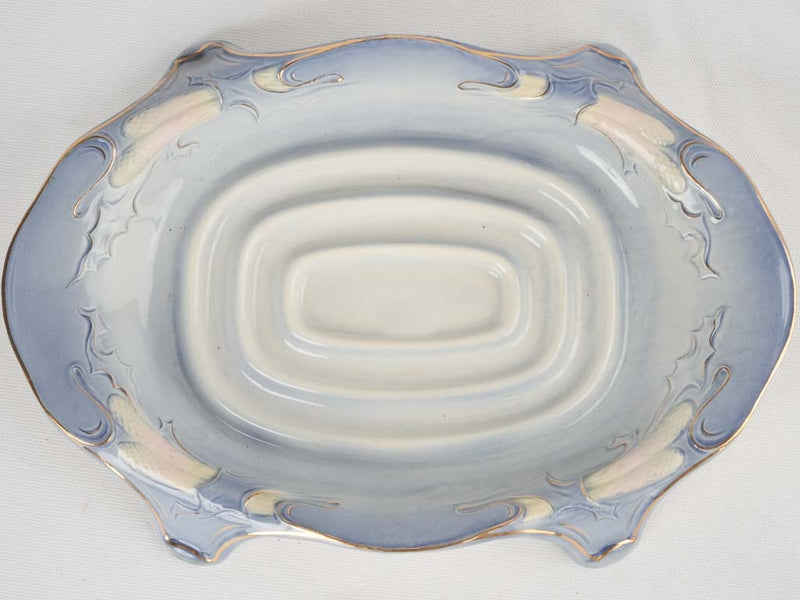 Vintage blue white & gold asparagus platter 14½"