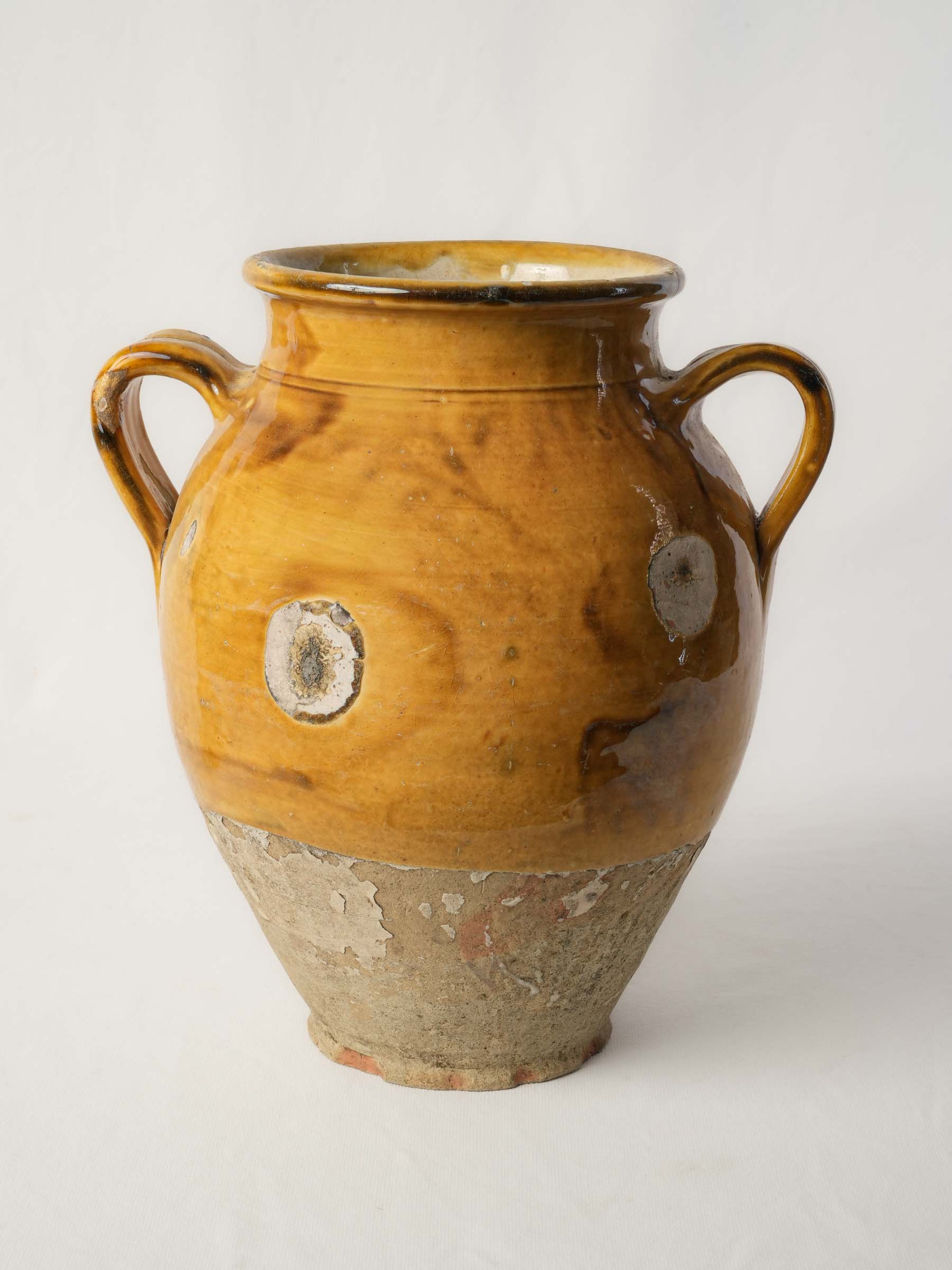 Large Antique French  Confit Pot w/ Aged Yellow Glaze, c.1900 - 14¼"