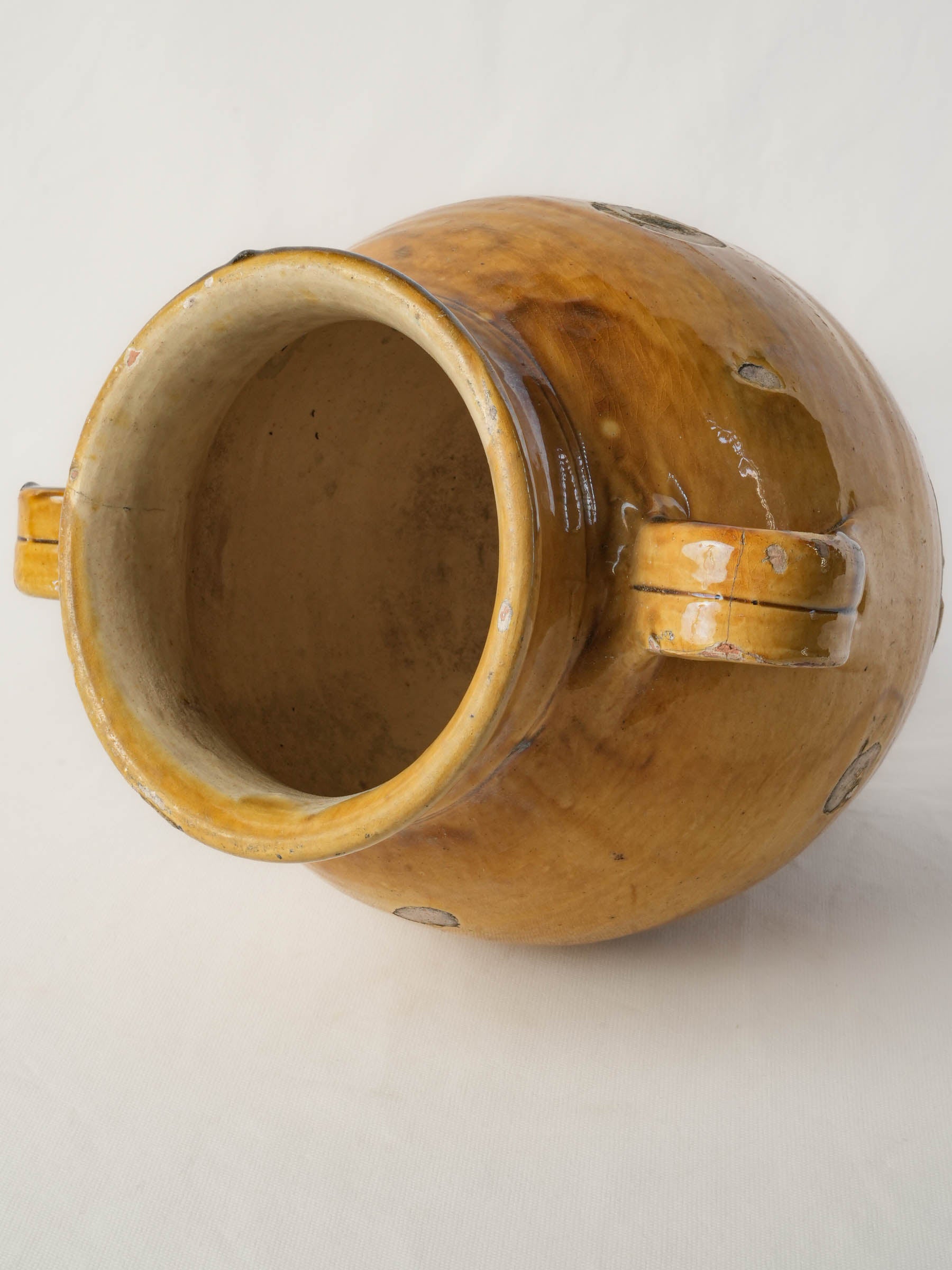 Large Antique French  Confit Pot w/ Aged Yellow Glaze, c.1900 - 14¼"