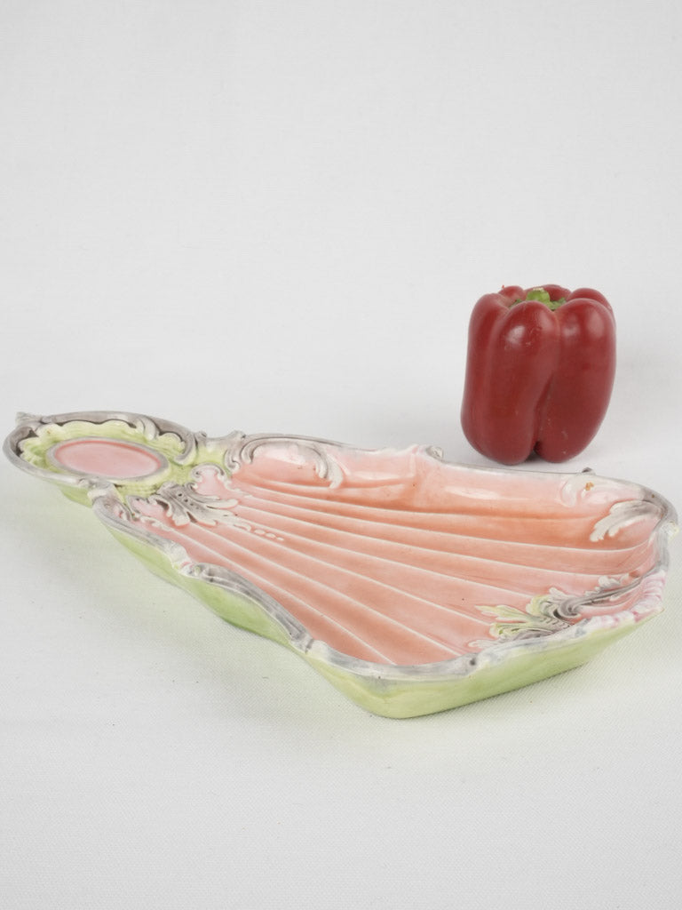 Antique fan-shaped majolica platter coral