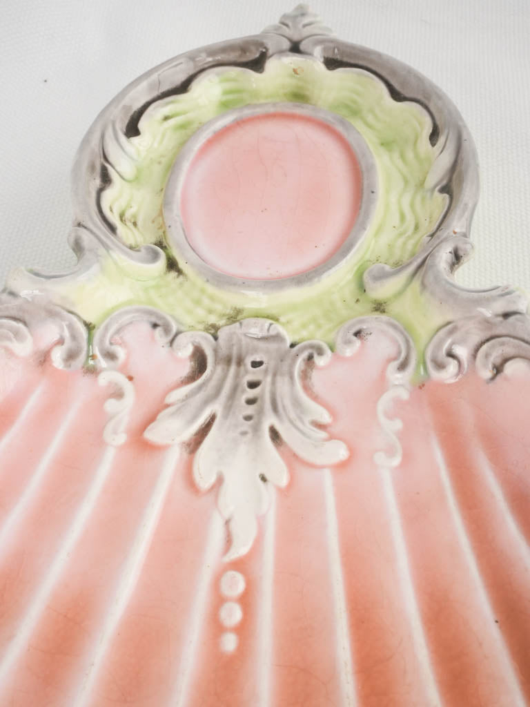 Exquisite fan shaped majolica platter - coral pink 15¼"