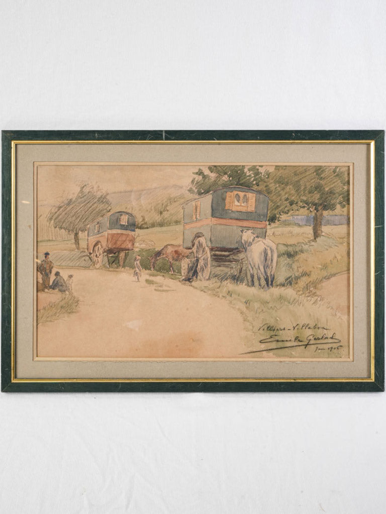 French Watercolor on Paper - Travelling People with Horse-Drawn Caravans Dated 1905 - 14½" x  20¾"