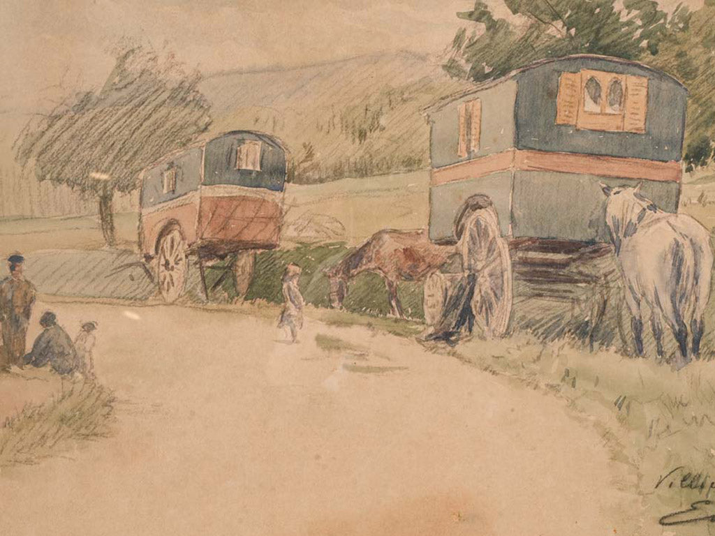 French Watercolor on Paper - Travelling People with Horse-Drawn Caravans Dated 1905 - 14½" x  20¾"