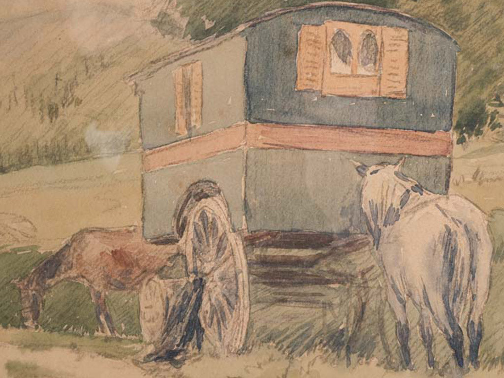 French Watercolor on Paper - Travelling People with Horse-Drawn Caravans Dated 1905 - 14½" x  20¾"