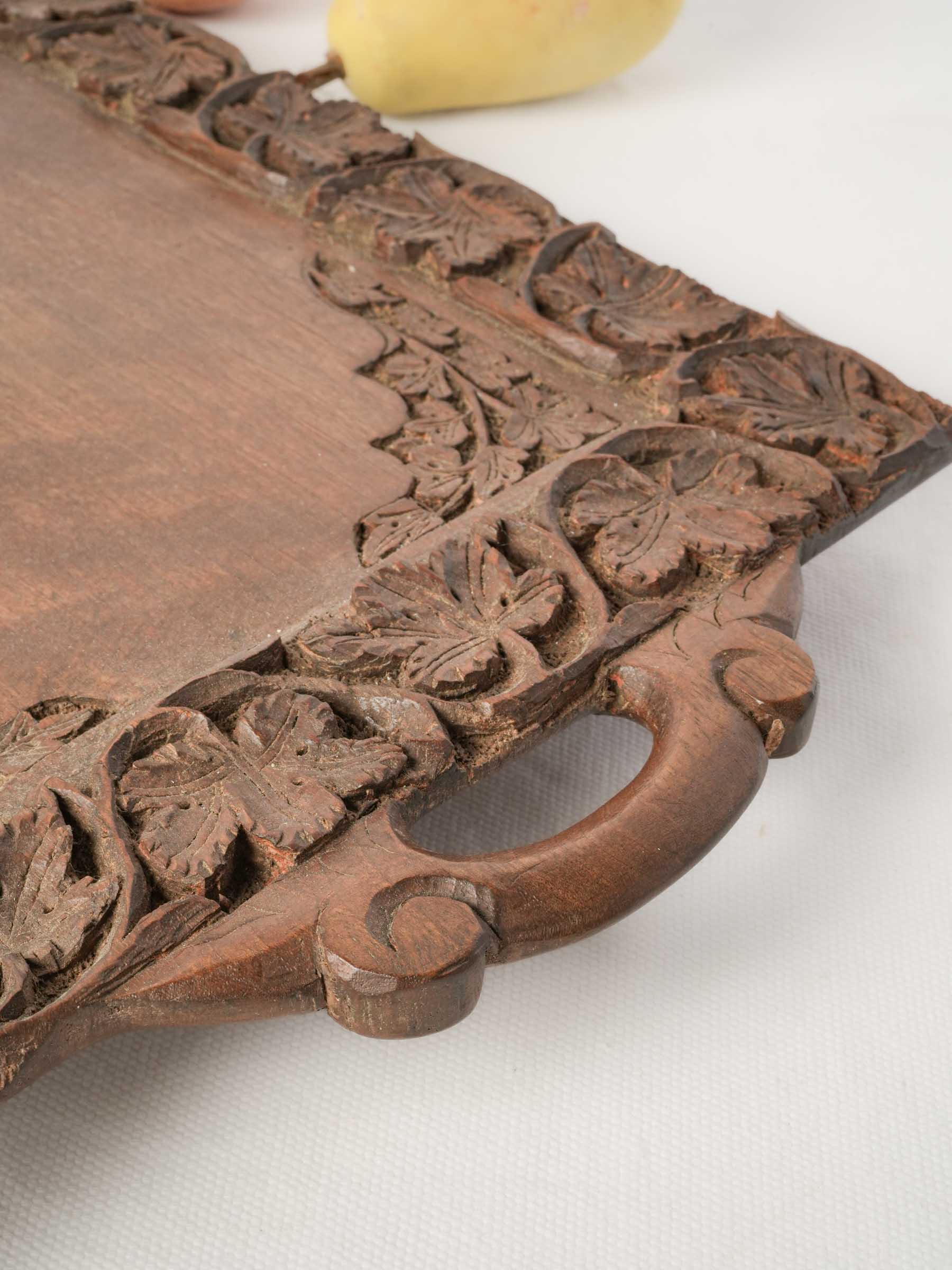 Antique Petite French Carved Walnut Tray w/ Vine-Leaf Decoration - 18"
