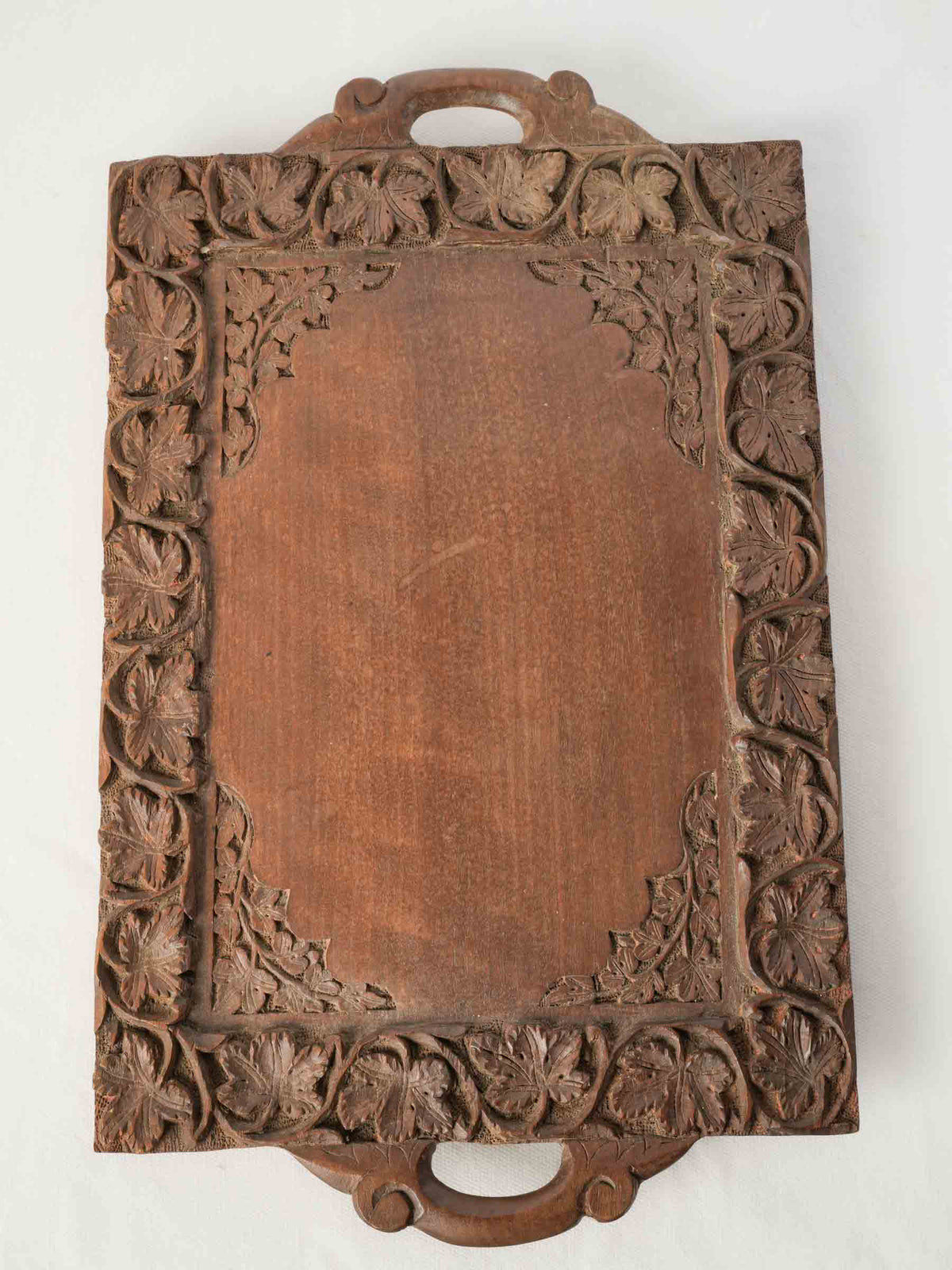 Antique Petite French Carved Walnut Tray w/ Vine-Leaf Decoration - 18"