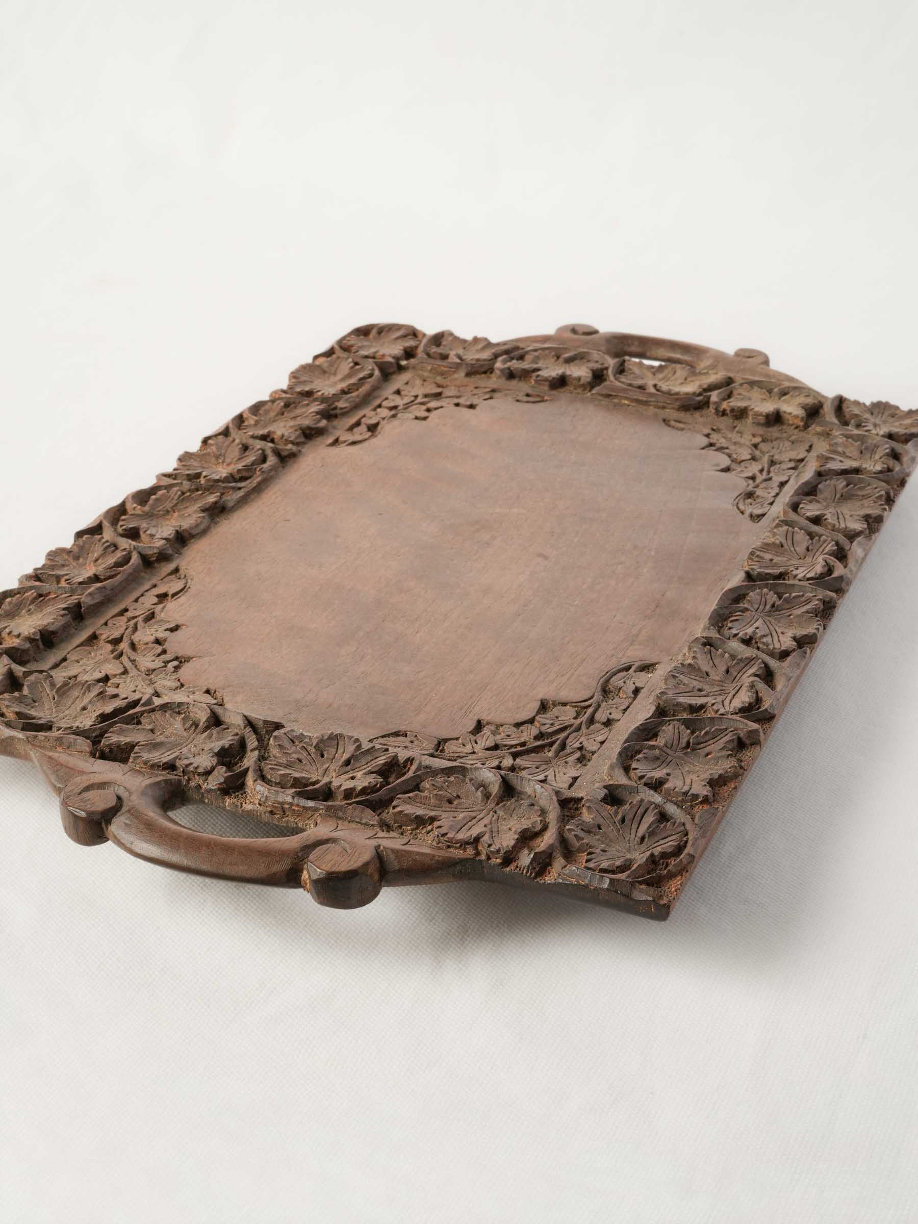 Antique Petite French Carved Walnut Tray w/ Vine-Leaf Decoration - 18"