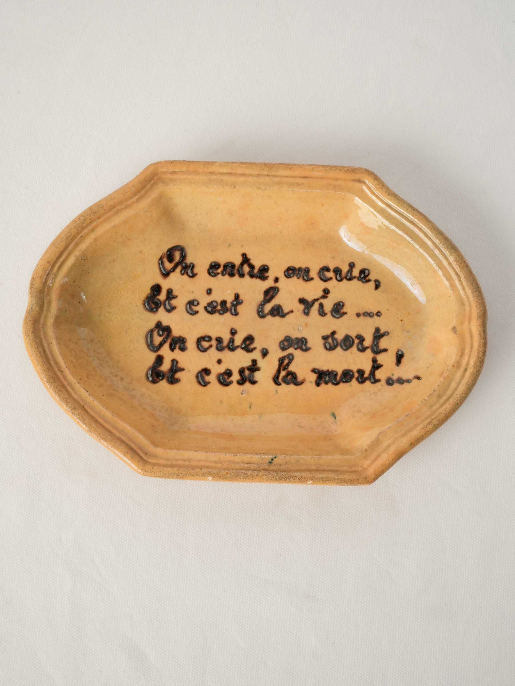 1950s Dieulefit Pottery Dish by Siméon Roussin w/ Handwritten French Quote - 10¼"