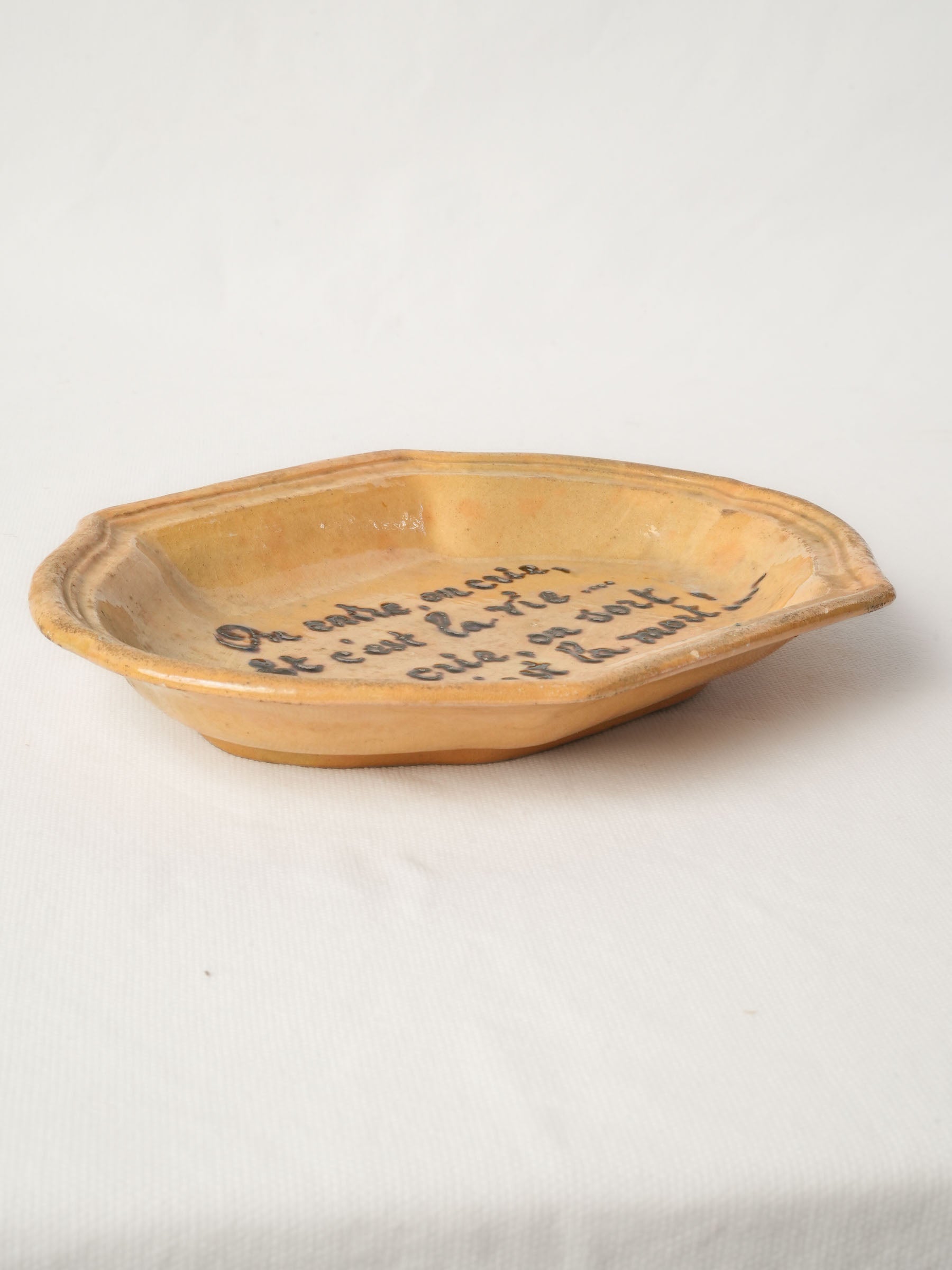 1950s Dieulefit Pottery Dish by Siméon Roussin w/ Handwritten French Quote - 10¼"