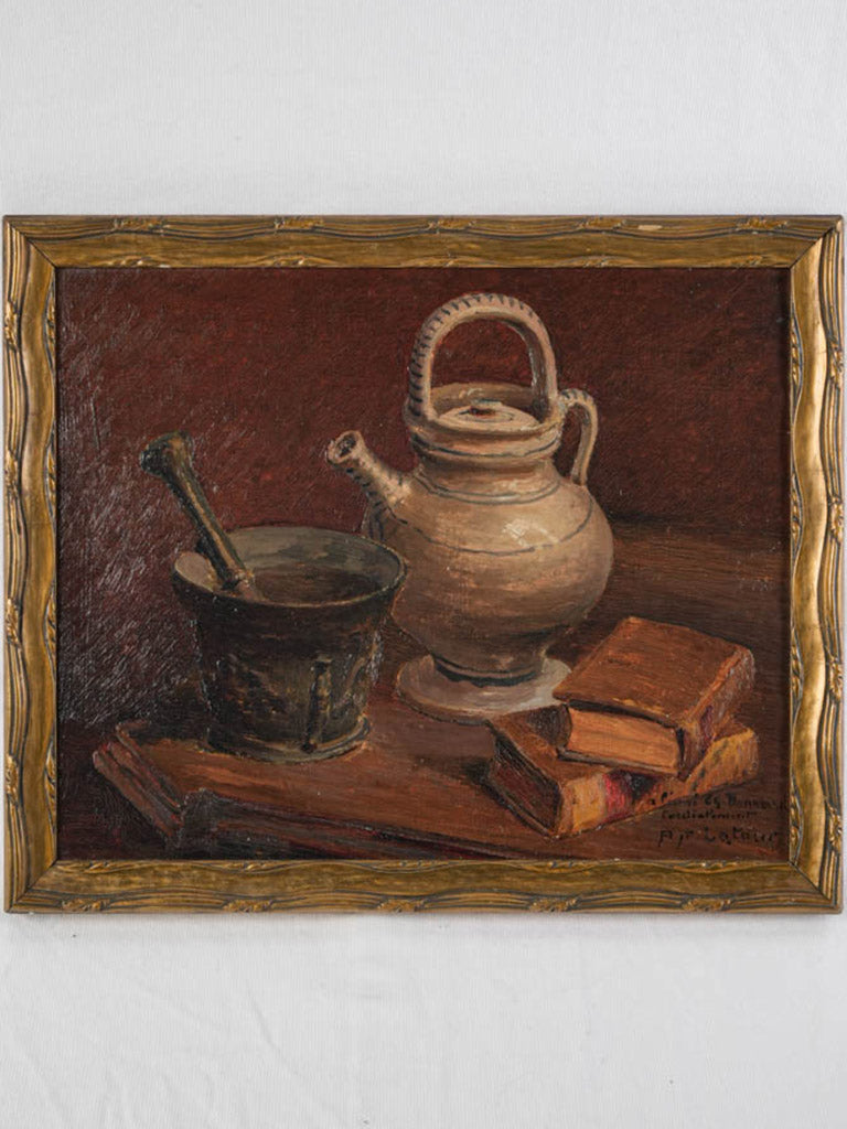 Petite Still Life w/ Mortar Jugs & Books - Oil on Wood circa 1900 - 13" x 15¾"
