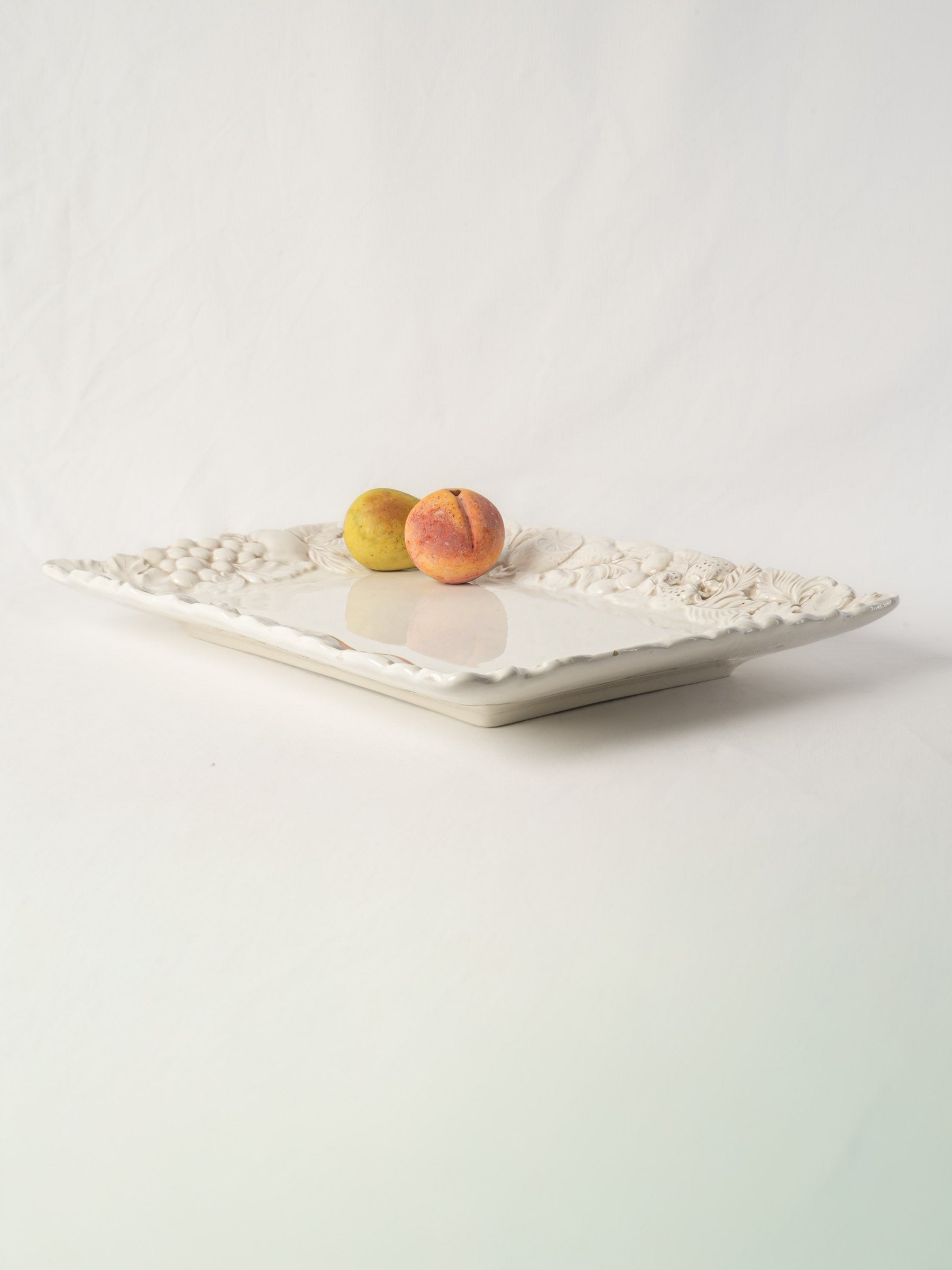 Large Vintage French White Ceramic Serving Platter w/ Relief Fruit Border - 21¼"