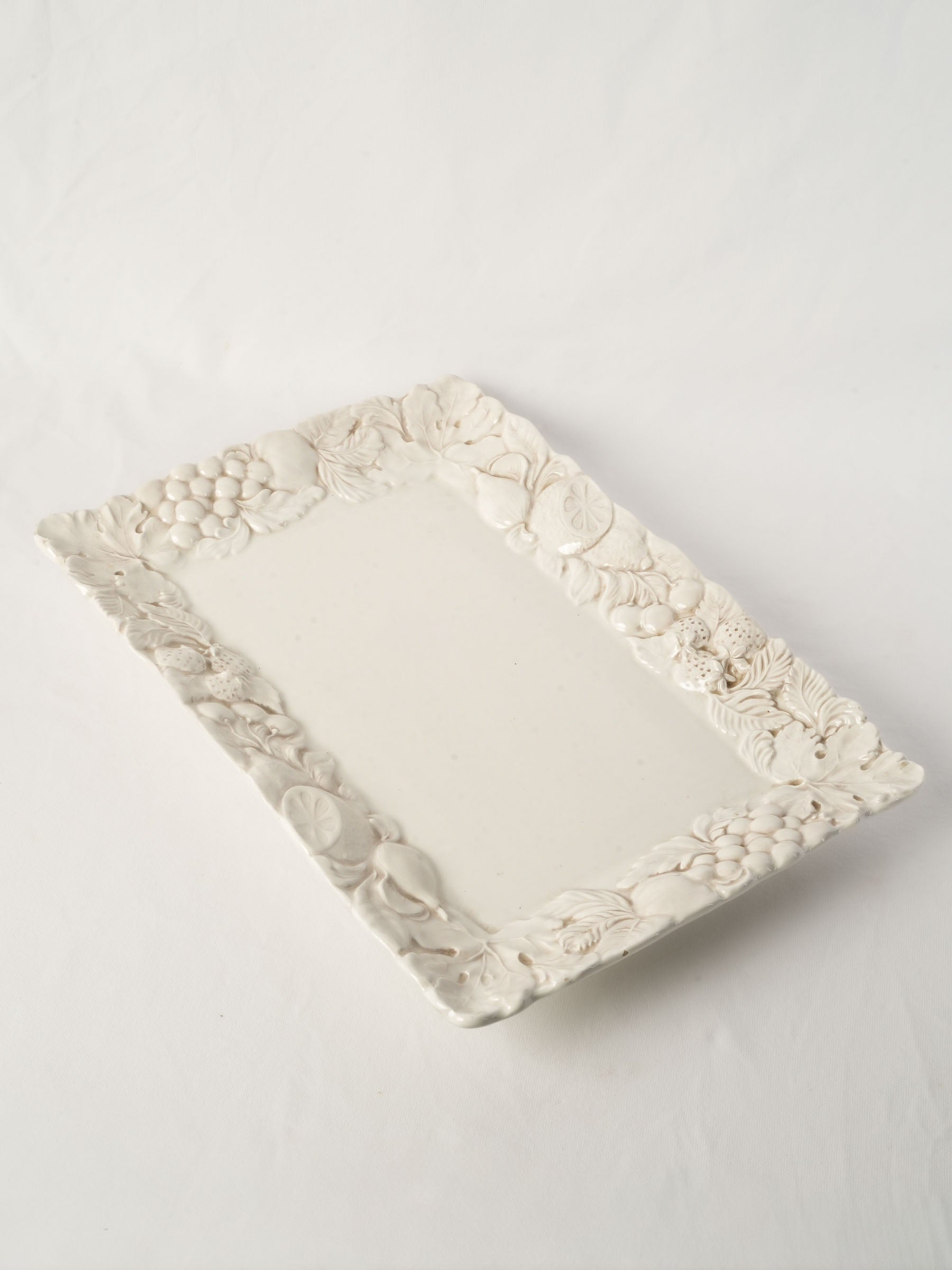 Large Vintage French White Ceramic Serving Platter w/ Relief Fruit Border - 21¼"