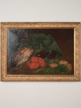 Antique still life w/ artichokes asparagus tomatoes in gilded frame - 17¾" x 25½"