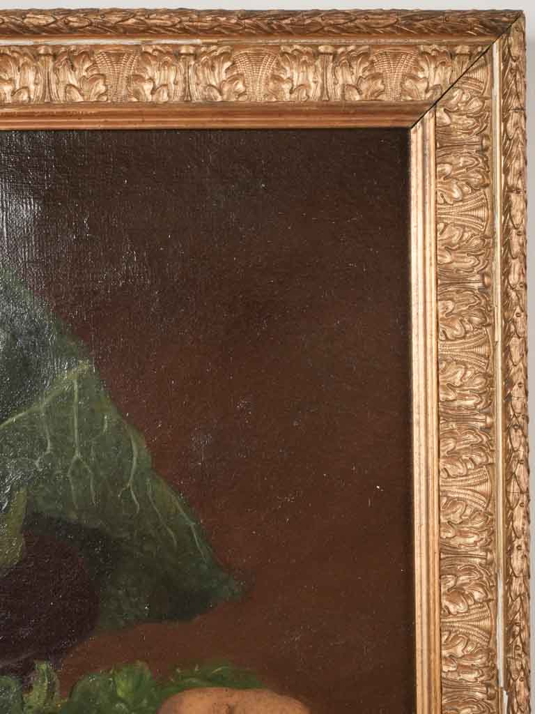 Antique still life w/ artichokes asparagus tomatoes in gilded frame - 17¾" x 25½"