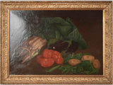 Antique still life w/ artichokes asparagus tomatoes in gilded frame - 17¾" x 25½"