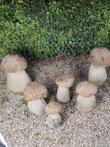 Aged, antique stone mushroom sculptures
