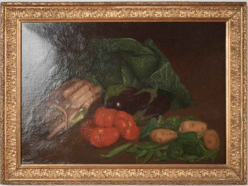 Antique still life w/ artichokes asparagus tomatoes in gilded frame - 17¾" x 25½"
