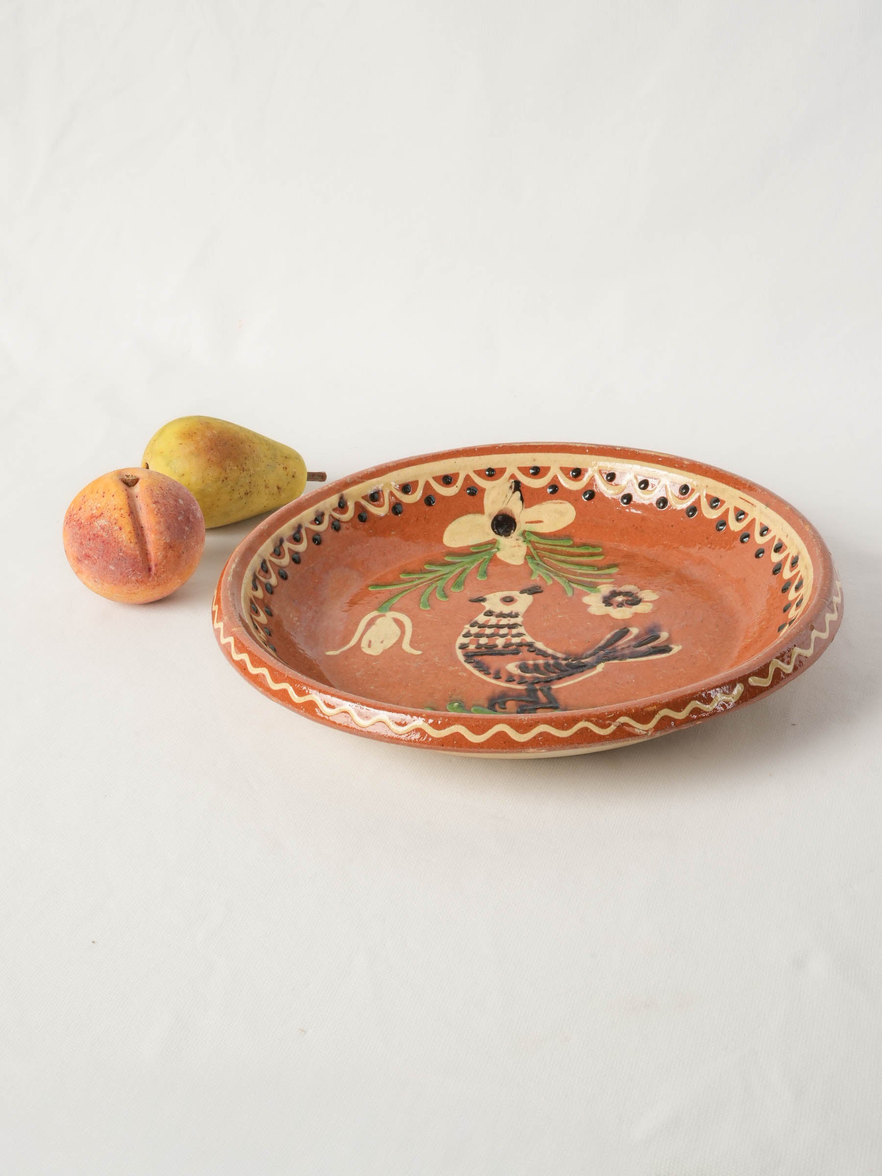 Mid-20th-Century French Hand-Painted Ceramic Dish with Folk-Inspired Bird Decoration - 12½"