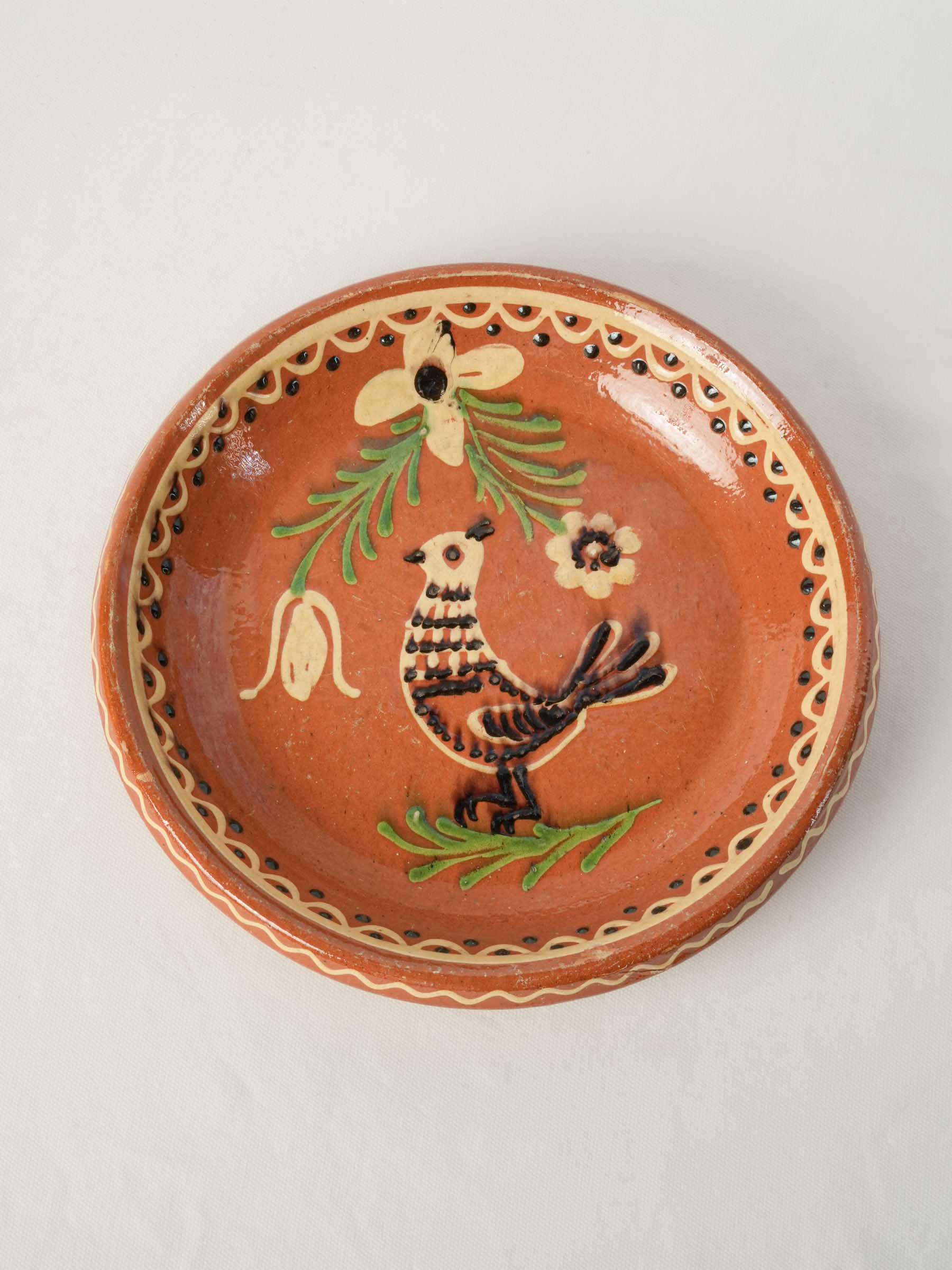 Mid-20th-Century French Hand-Painted Ceramic Dish with Folk-Inspired Bird Decoration - 12½"