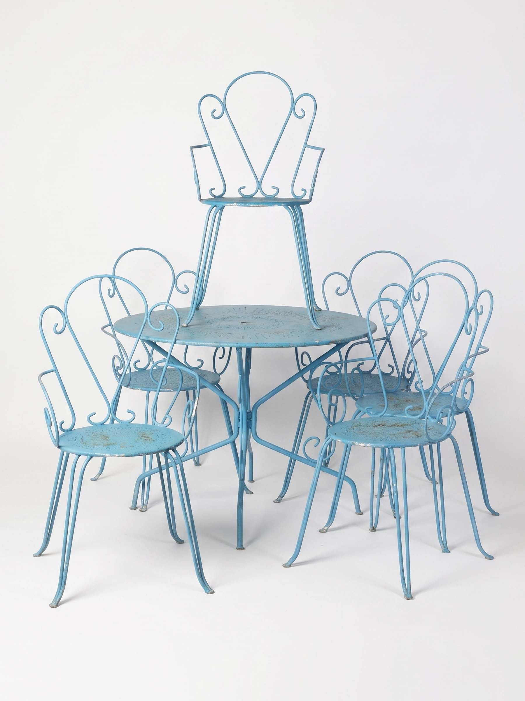 1950s Bright Blue Painted Wrought Iron Garden Dining Set with Six Armchairs