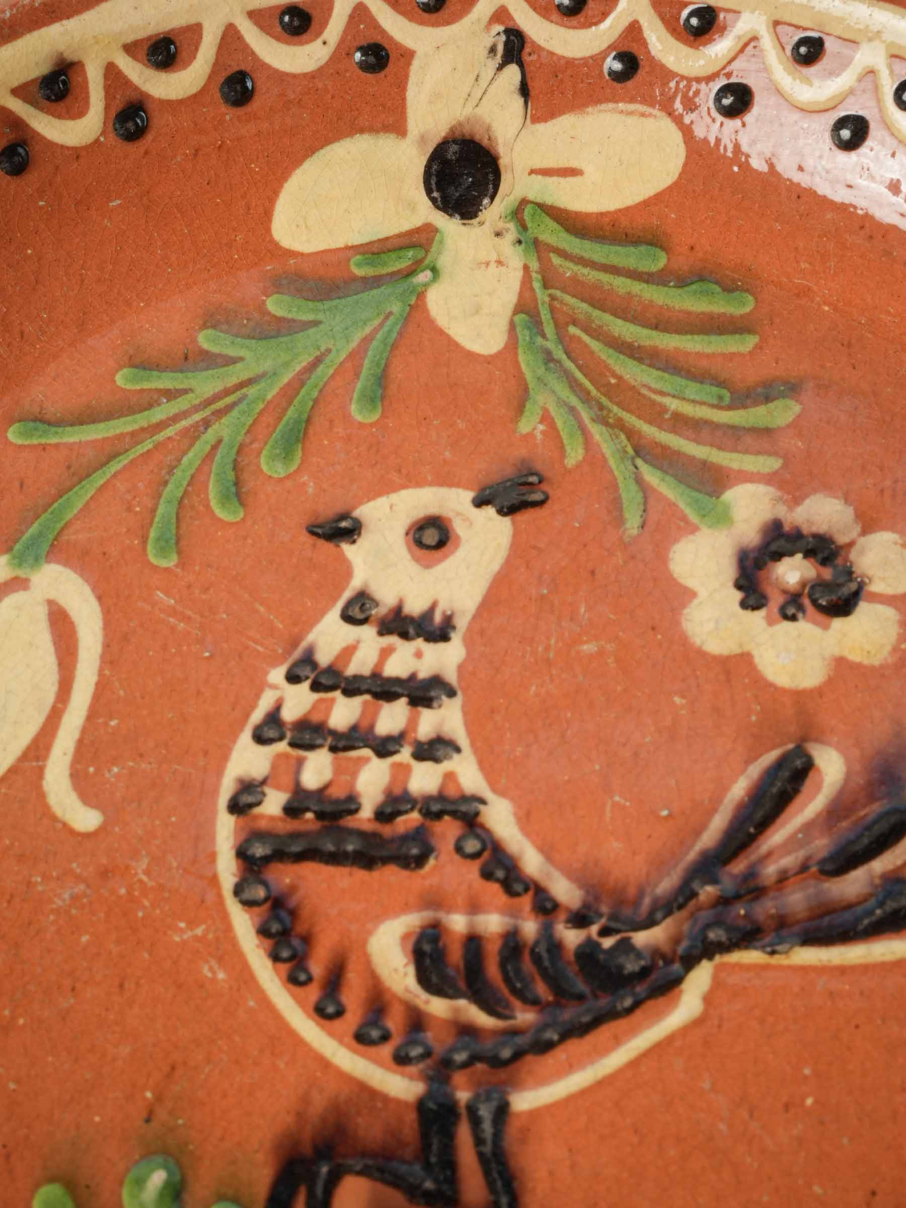 Mid-20th-Century French Hand-Painted Ceramic Dish with Folk-Inspired Bird Decoration - 12½"